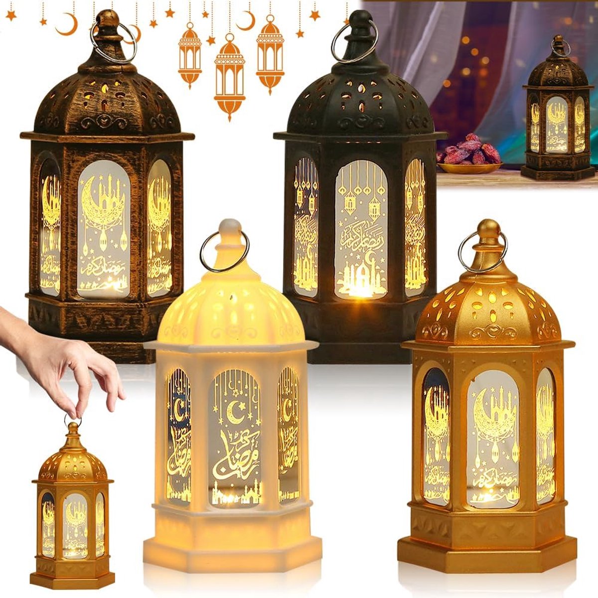 4 stuks LED-kaarslamp - Voor Ramadan - Vintage metalen theelichtje - Glazen lamp - Decorat