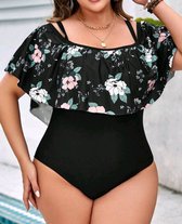 Elegant Plus Size Badpak corrigerend met ruffles en bloemenprint – Maat 4XL / EU 52