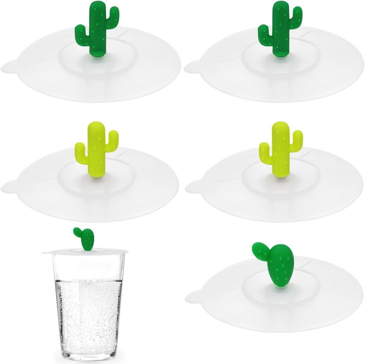 Allecto Plus - Siliconen Bekerdeksel Cartoon Cactus Handvat - 6 Stuks - Kopjes Glas - Willekeurig Patroon - Keuken Accessoires