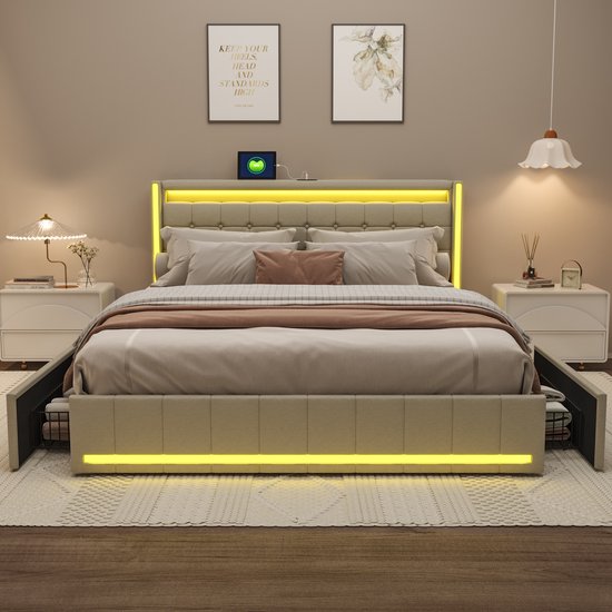 Lit rembourré 160x200 LED USB tête lit rangement flottant jeunes adultes lin gris | Leroy Merlin