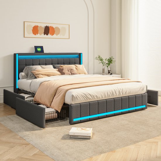 JiaOyu Gestoffeerd tweepersoonsbed met bedlampjes, jeugdbed 160 x 200 cm, gevoerd bed met opbergruimte en USB-aansluiting, elegant fluwelen bedframe in beige, zonder matras (B, 160 x 200 cm