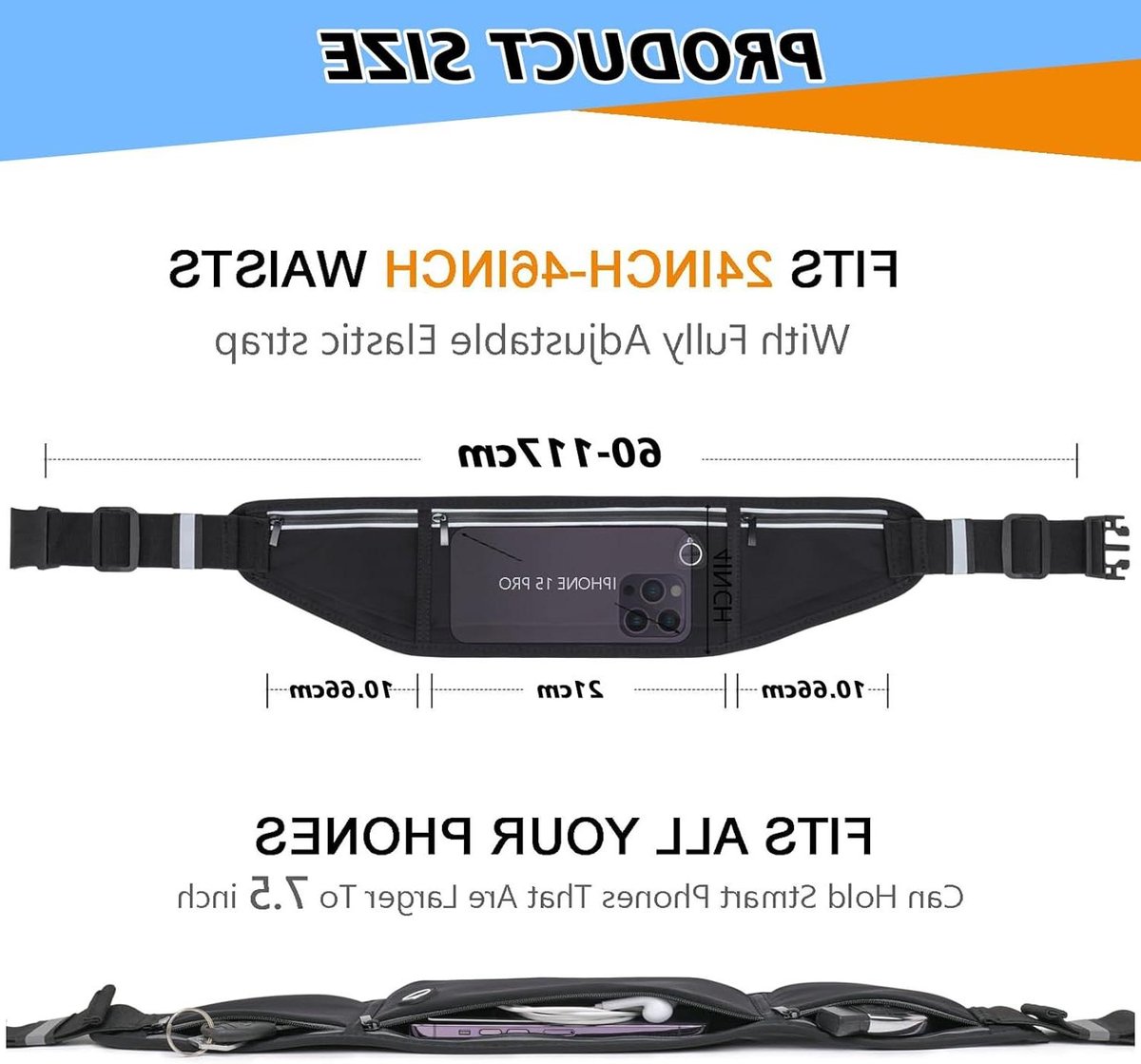 Allecto Plus - Waterdichte hardloopgordel - Sportgordel met 3 zakken - Zwarte sportheuptas voor mobiele telefoon - Jogging accessoires - Large