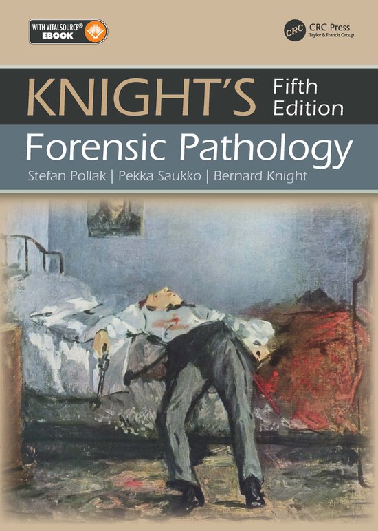 De vijfde editie van 'Knight's Forensic Pathology' met op de voorkant een schilderij van een man die op de grond ligt, met een pistool in zijn hand.