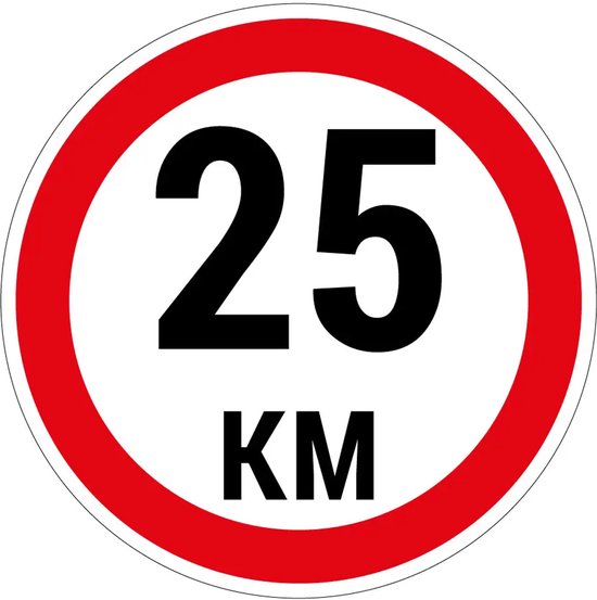 Panneau routier avec un cercle rouge et un 25 en noir, avec 'KM' en dessous en noir.