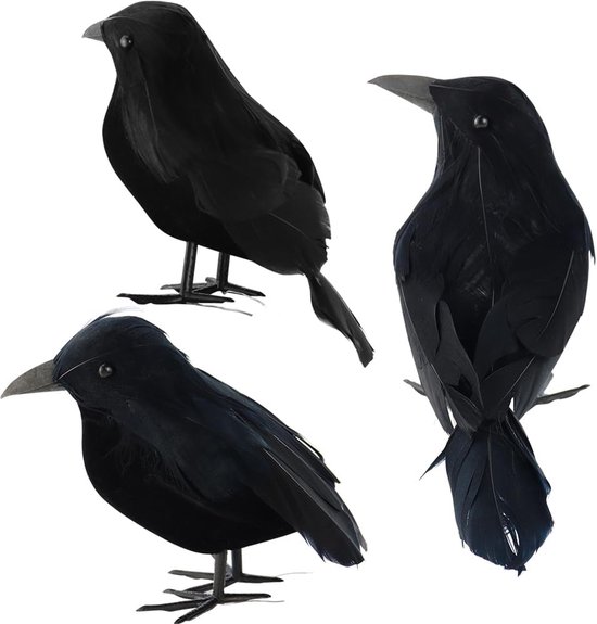 3 stuks - zwarte veren kraaien - realistische kraaien met zwarte veren - handgemaakte kunstmatige kraai - halloween-decoraties - voor thuis, terras, tuin, feest, carnaval benodigdheden