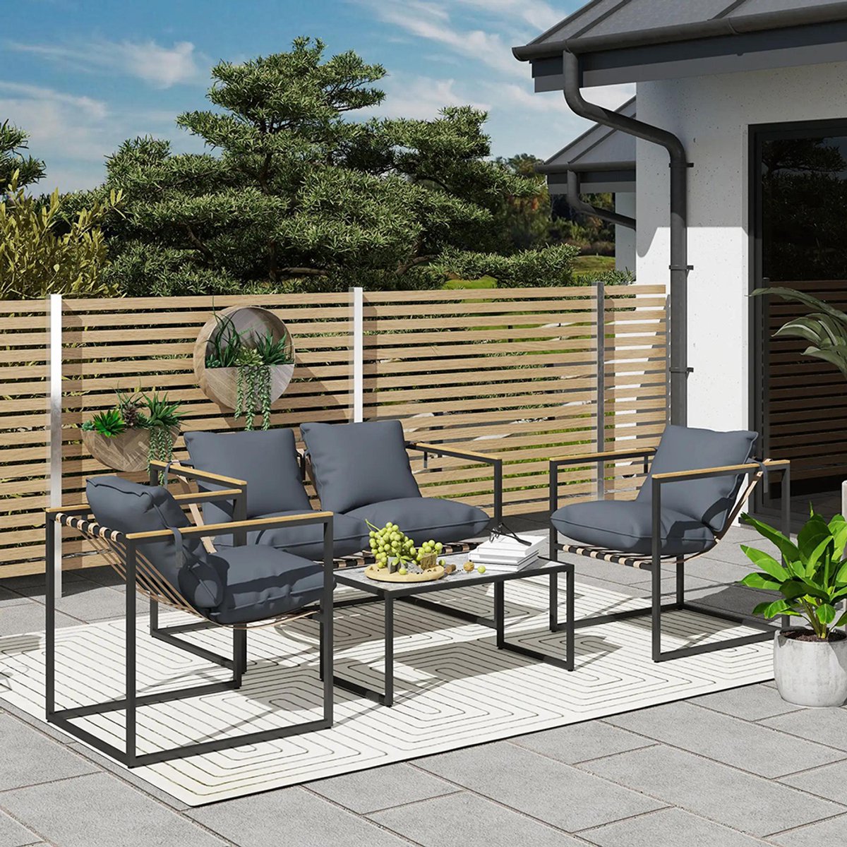 Sweiko Tuinset - 2 Fauteuils - 2-zitsbank - 1 Tafel - met Kussens - Staal + Polyester - Grijs