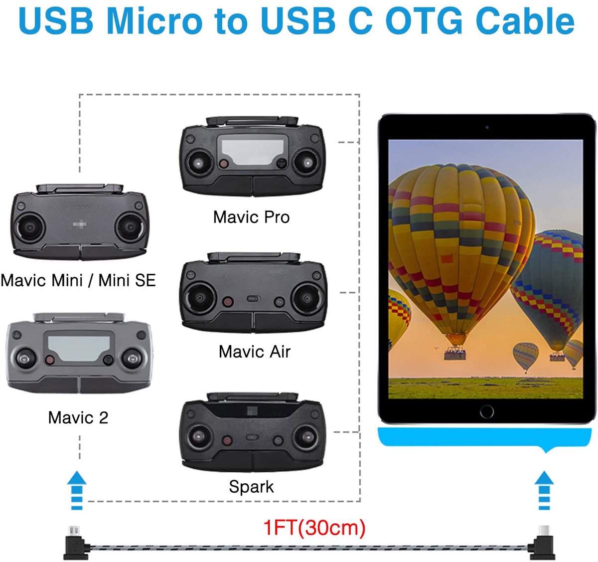 30 cm + 1,5 m (2 stuks) Micro naar USB C Aluminium Kabel, Geschikt voor iPhone 15 Pro, DJI Mavic Mini, Mini SE, Mavic 2 Pro/Zoom, Mavic Air, Mavic Pro, Spark, DJI Drone naar Tablet Kabel – foto 3