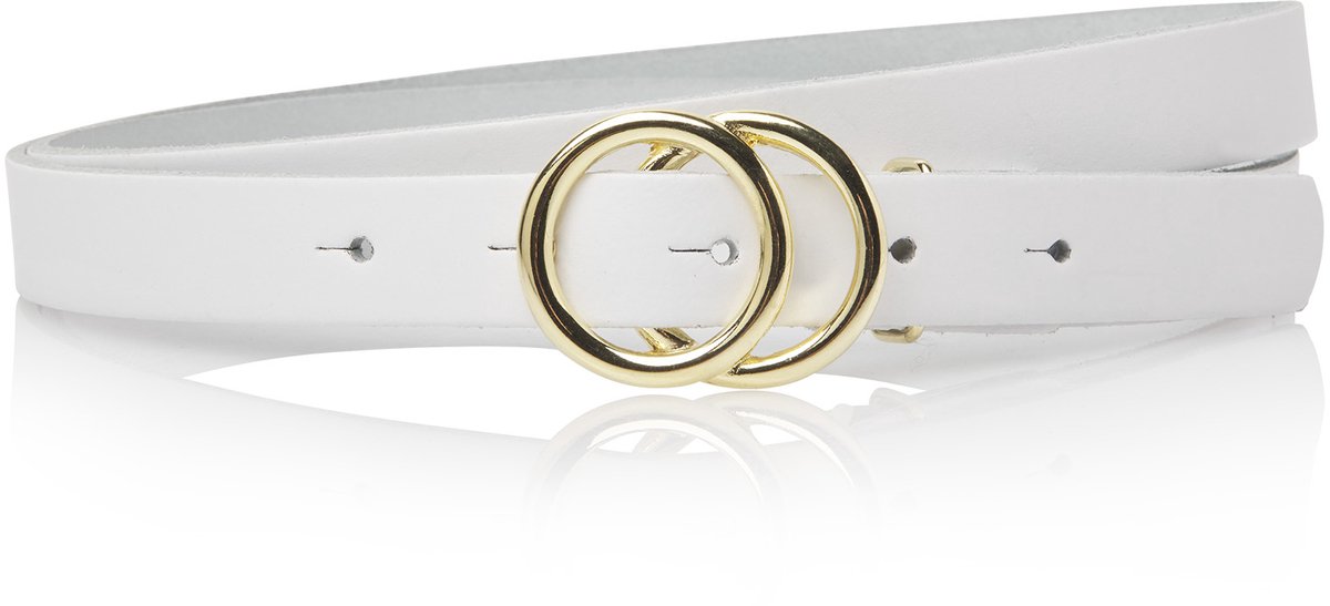 Take-it Witte Dames Riem met Dubbele Ringen Gesp - Smalle Riem - Gouden Ringen - 2 cm breed - Echt Leer - Wit - Lengte totaal 105 cm / Riemmaat 95