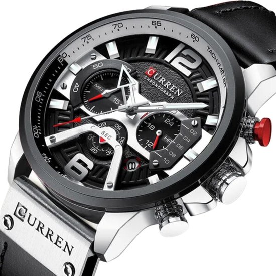 Montre homme Curren avec cadran noir, boîtier argenté et bracelet en cuir noir. Trois sous-cadrans et touches de rouge.