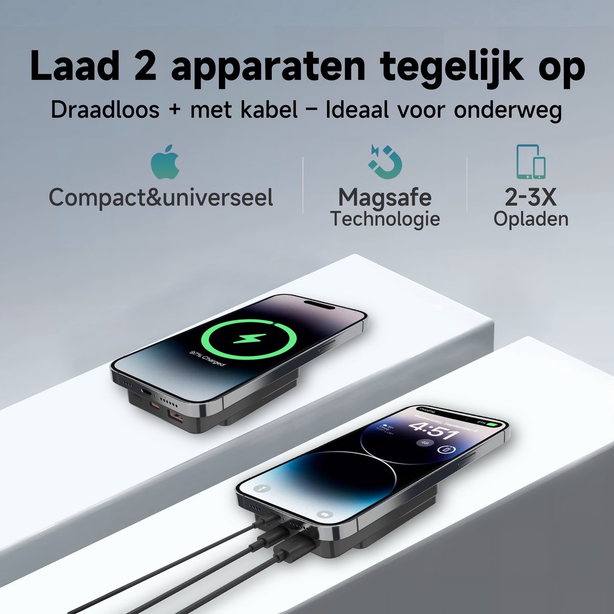 Sophitech Powerbank 10000mAh – Draadloze Snellader 15W – MagSafe Compatibel – USB-A/USB-C & Type-C In/Output – LED Display – Geschikt voor iOS/Android – Universele Powerbank – Compact & Draagbaar – Inclusief Snellaad Kabel — cadeau in Elektronica - foto 7