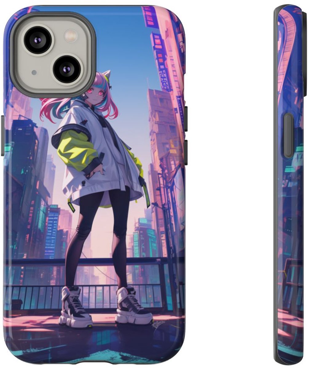 Meisje met Roze Haar in Neonstad – Telefoonhoesje Geschikt voor iPhone 14