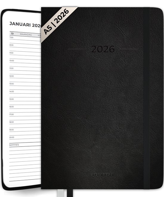 Systemyze Agenda 2026 Volwassenen - Weekkalender - Planner - Incl. Tijdsindeling - A5 Formaat - Zwart