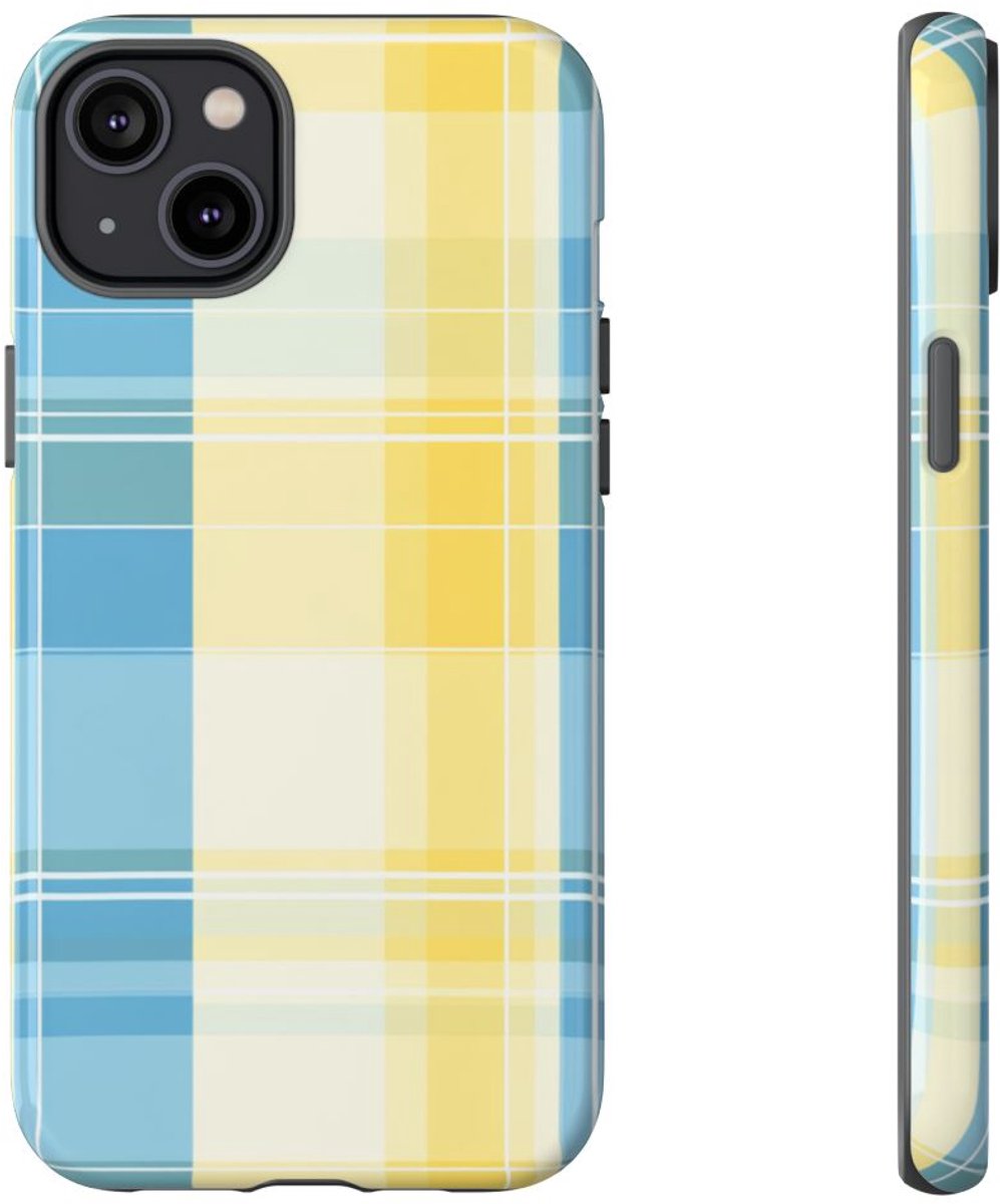 Ocean Blue en Geel Geruit Patroon – Telefoonhoesje Geschikt voor iPhone 14 Plus