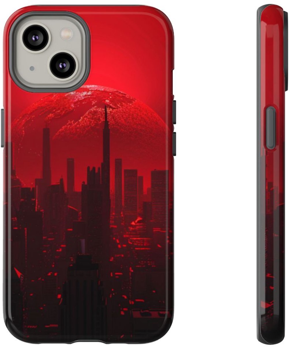 Futuristisch Stadsgezicht met Rode Planeet – Telefoonhoesje Geschikt voor iPhone 14