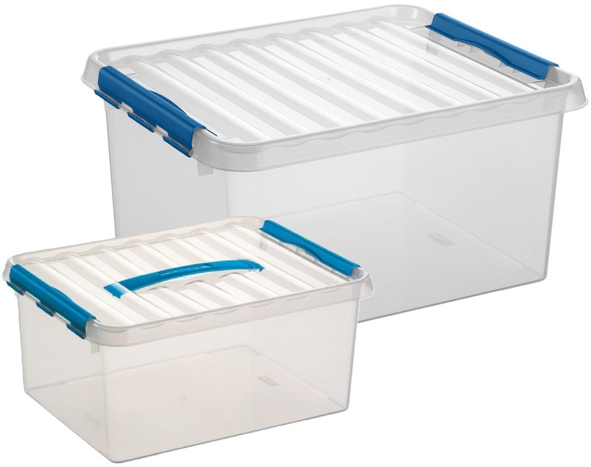 Sunware Q-Line opberg boxen set - 2 maten - 15 en 36 liter - kunststof - transparant/blauw