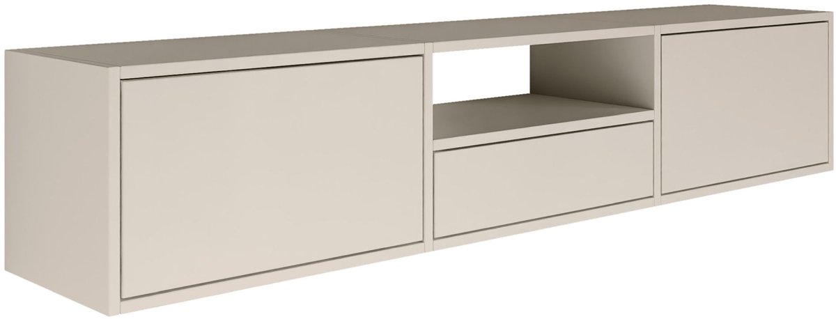 Selsey Framme – zwevend tv-meubel met drei kleppen en een vak, kasjmier grijs, 150 cm