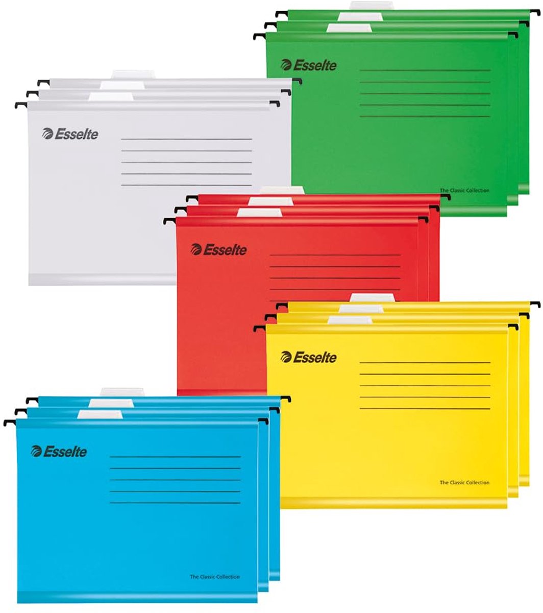 Esselte A4 hangmappen van versterkt karton, set van 15, map van stevig, 100% gerecycled karton, met tabbladen, voor dossiers en documenten op kantoor, school en thuiskantoor, 5 kleuren, 628808