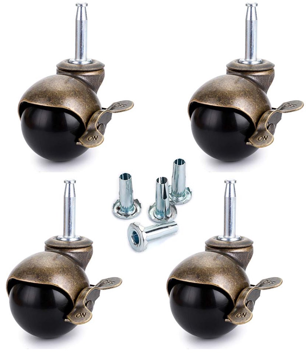 Skelang zwenkwielen, 50 mm, kogelwielen met rem, antieke zwenkwielen voor meubels, banken, stoelen, kasten, draagvermogen 40 kg per wiel, verpakking van 4