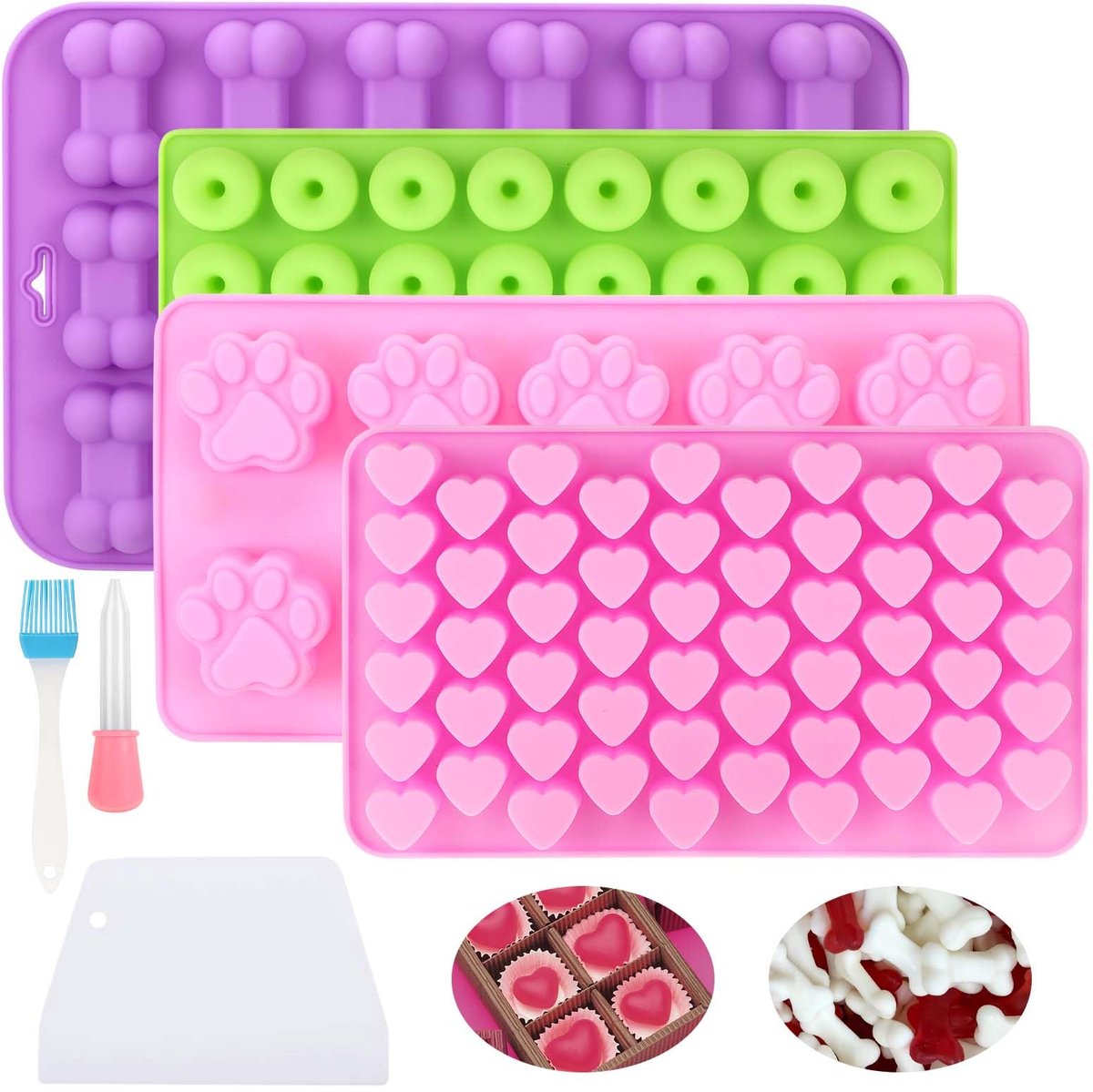 Auauraintt 4-pack bakmat voor hondenkoekjes, siliconen bakmat, met schraper, borstel, geschikt voor zelfgemaakte hondensnoepjes, chocolade, koekjes, ijsblokjes, snoep, BPA-vrij