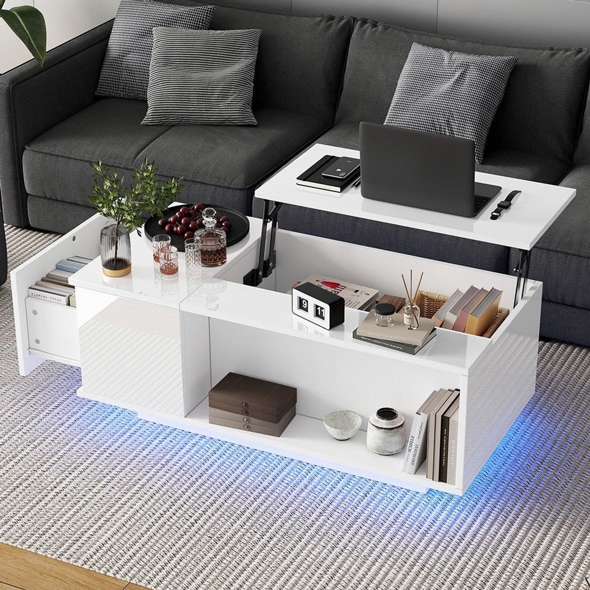 Komhtom 100*50*40 cm Salontafel in hoogte verstelbare salontafel met verborgen opbergruimtebijzettafel met ledverlichtingsalontafel met ladetafelsalontafelwit