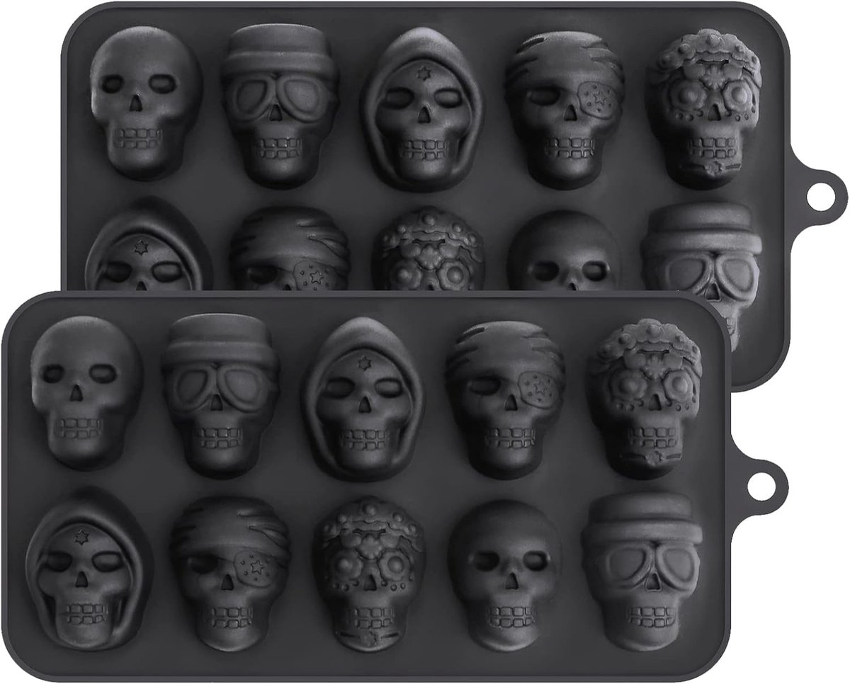 Schedelchocolademal met 5 verschillende vormen, siliconen skeletmal voor Halloweenchocolade, snoep, gelei, ijs, blokjes en lekkernijen, verpakking van 2
