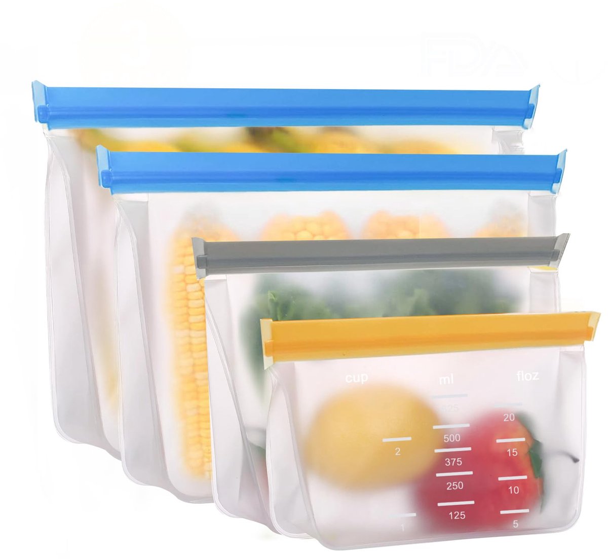 Siliconen zakken en diepvrieszakken, 4-pack herbruikbare opbergzakken, diepvrieszakken met staande bodem, siliconen voedselzakken, boterhamzakken, voor broodzakken, melk, snacks, vlees