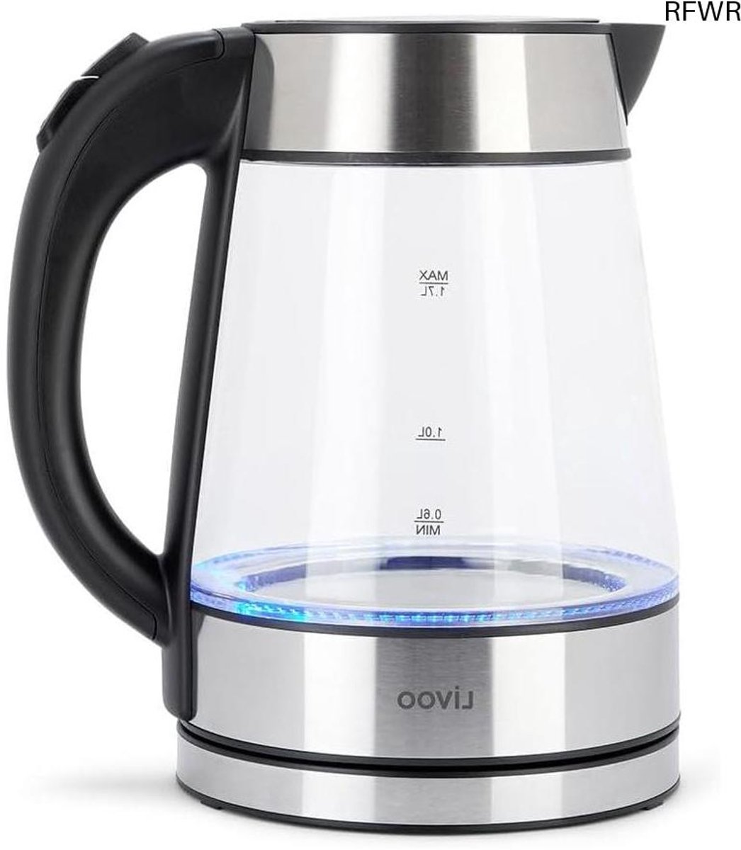 RFWR® Glazen Waterkoker van Roestvrij Staal en Borosilicaatglas met 1,7L Capaciteit en Blauw Verlichtingsysteem
