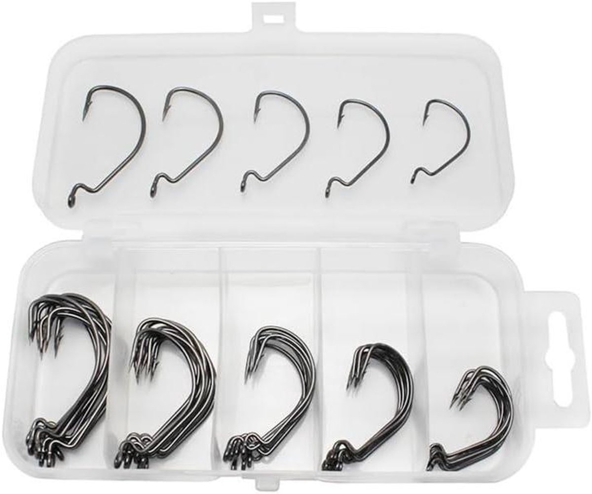 Vishaken set van koolstofstaal - 50 stuks met weerhaken - inclusief kunststof doos - voor zout water en zoet water - diverse maten - vissen - hengelsport accessoires