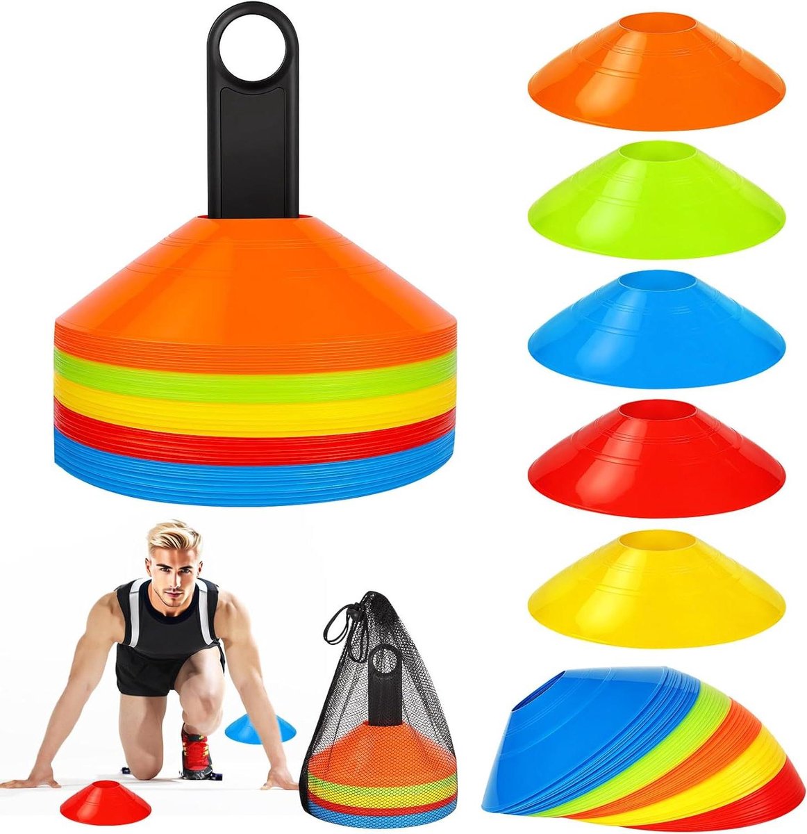 Allecto Plus - Voetbal Trainingsset met 50 Cones en Net - Multicolor - Met Gesp - Marker Conen - Veldmarkering (5 Kleuren)