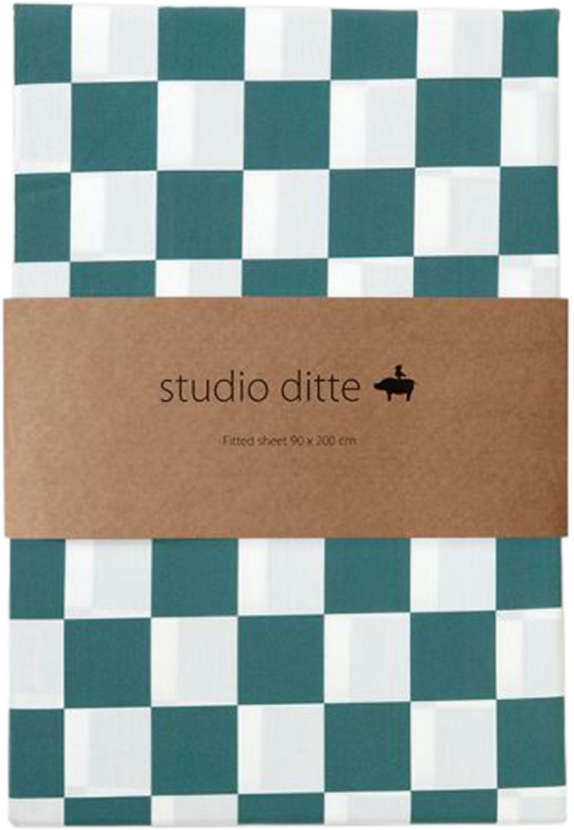 Studio Ditte Hoeslaken - Blokjes - Petrol Groen - 90 x 200 cm
