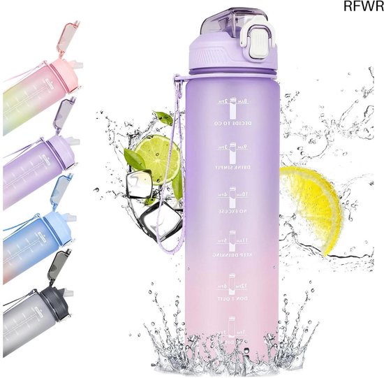 KollyKolla Drinkfles, 1 l, motiverende waterfles met