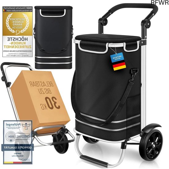 Opvouwbare winkelwagen met 42 liter inhoud, 3-in-1 trolley steekwagen & schoudertas met koelvak, draagkracht tot 50 kg