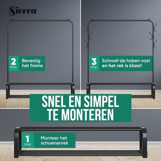 Sierra Industrieel Kledingrek Enkele Stang - Metaal - 110x33x155 CM - Zwart - Opbergruimte Voor Schoenen - Garderoberek Met Haken