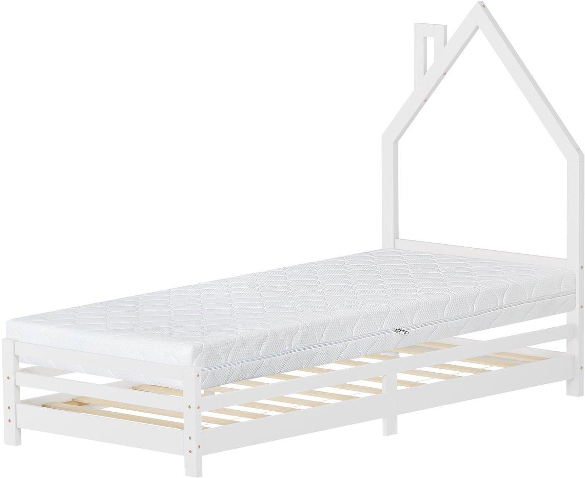ml-design kinderbed huisserie kinderbedhuis 90x200 cm wit met matras H:16 cm massief houten lattenbodem schoorsteendesign met glijbaan valbeveiliging vloer tot plafond bedframe voor jongens en meisjes eenpersoons speelbed zonder matras