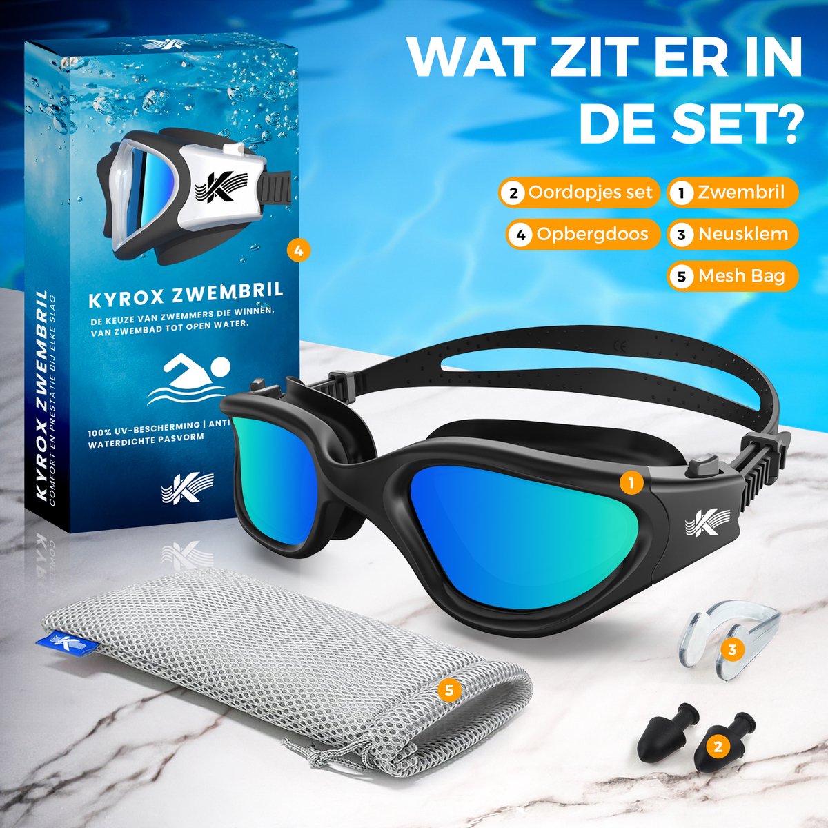 Kyrox Gepolariseerde Zwembril - Anti Condens - UV Bescherming - Inclusief Oordoppen en Neusklem - Duikbril - Verstelbare Band - Unisex - Zwembril volwassenen & kinderen - Zwart (Aqua Lens)