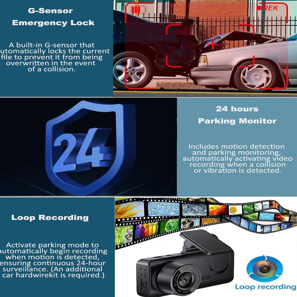 1080P Dashcam met wifi voor auto's, 3-kanaals dashcam voor en achter, 2,0 inch IPS-scherm, loop-opname, G-sensor, WDR, 24-uurs parkeermodus, bewegingsdetectie – foto 2