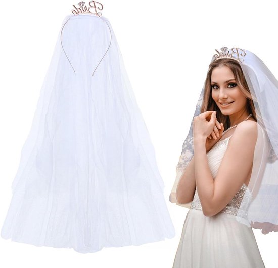 Allecto Plus - Bruidshoofdband strass met bruidssluier en kroon voor vrouwen - Bride to Be accessoires voor vrijgezellenfeest - Feestdecoraties met sluier