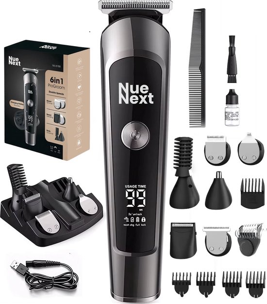 NueNext 6 in 1 Baardtrimmer Mannen PRO - Trimmer Baard & Lichaam - Neustrimmer - Bodygroomer - IPX6 Waterdicht - Incl. 6 opzetstukken