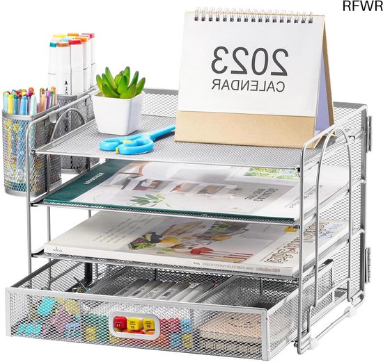 TSDRBWO 4 Tier Bamboe Papier Brievenlade Organizer met Lade, Metalen