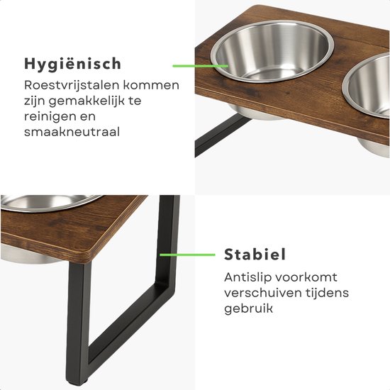Detailopname van de dubbele hondenvoerbak op houten standaard. Toont de RVS kommen en de stevige zwarte metalen poten. "Hygiënisch" en "Stabiel".