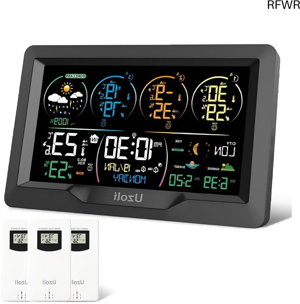 RFWR® Weerstation met 3 Draadloze Sensors en Kleurendisplay voor Binnen en Buiten