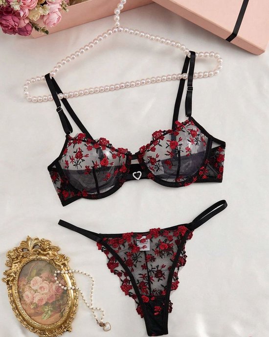 JFAN Lingerieset voor dames, nachtjapon van doorzichtig kant, met jarretel-string en jarretelgordel, zwart., Eén maat