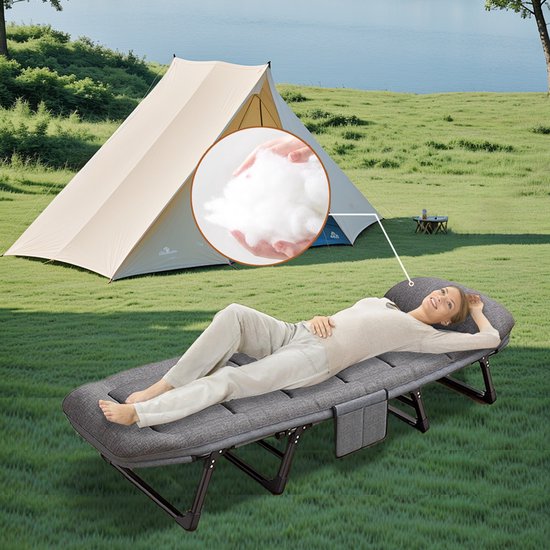Veldbed - Camping bed - Logeerbed met Kussen- Opvouwbaar Kampeerbed - 190x66x30 cm - Strandbed - Versterkt 8-Poots - Met 3x Lendensteun - Stevig Kussen - Inklapbaar - Antraciet/Grijs - Ideaal voor Tuin, Kamperen & Reis van Merkloos — afbeelding 4