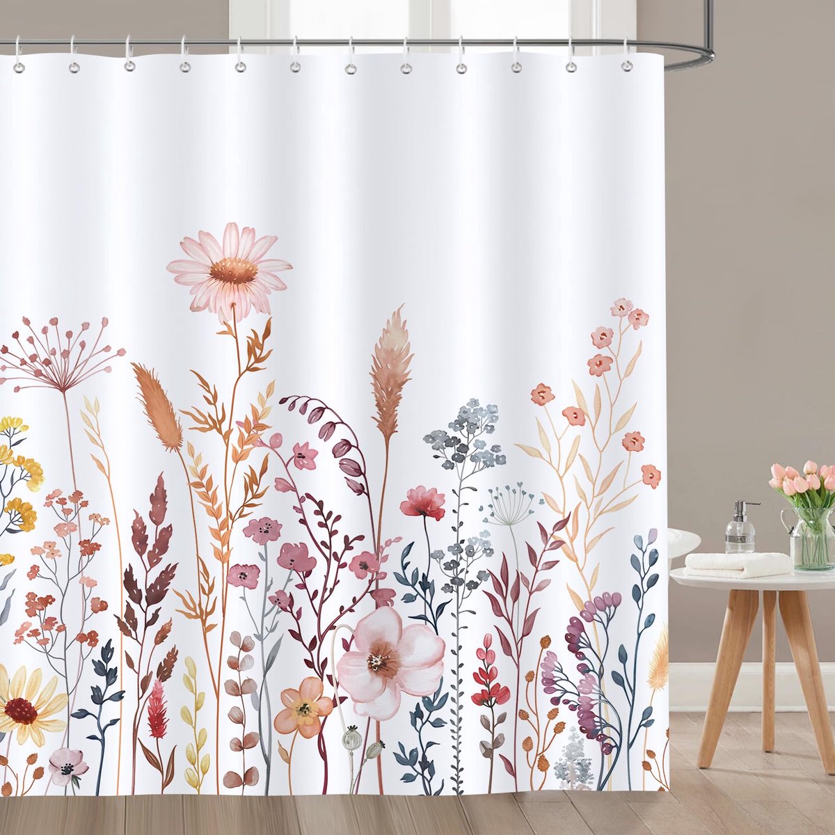 Ibenzoa® Douchgordijn met Herfstbloemen en Bladeren in Aquarel, 180 x 180 cm, Waterdicht en Wasbaar