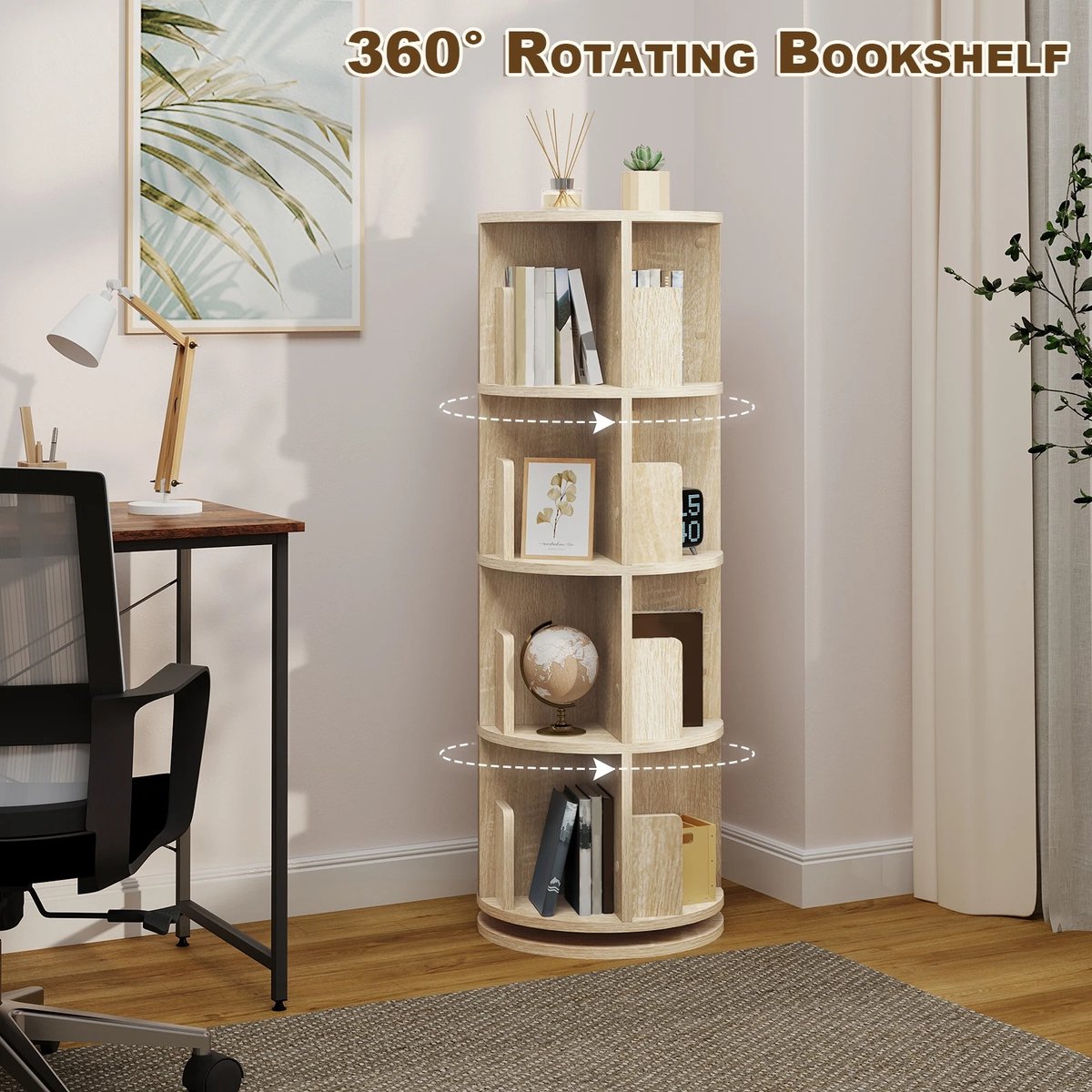 360° draaibare boekenplank van massief hout, 4/5/6 niveaus