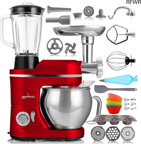 Rode keukenmachine met alle accessoires: blender, vleesmolen, kommen, bakvormen.