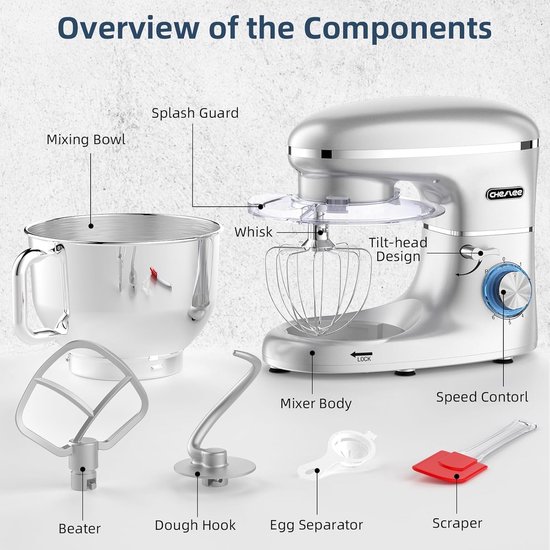 RFWR® Krachtige 1500W Keukenmachine met 6.5QT Kom - Multifunctionele Elektrische Mixer voor Kneden en Bakken van RFWR — afbeelding 2