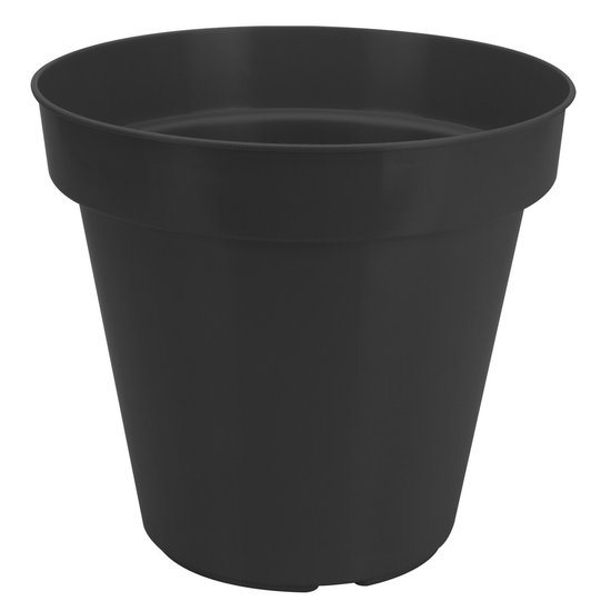 Effen zwarte, ronde kunststof bloempot.