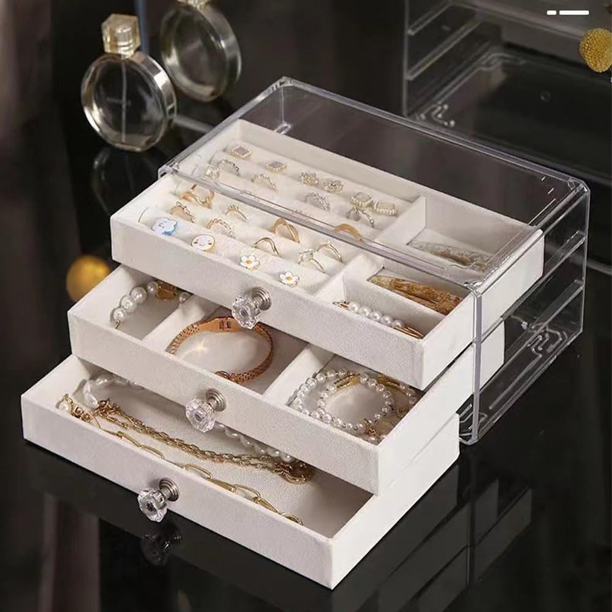 Ibenzoa® Sieradenopberger met 3 laden en aanpasbare fluwelen compartimenten voor diverse sieraden