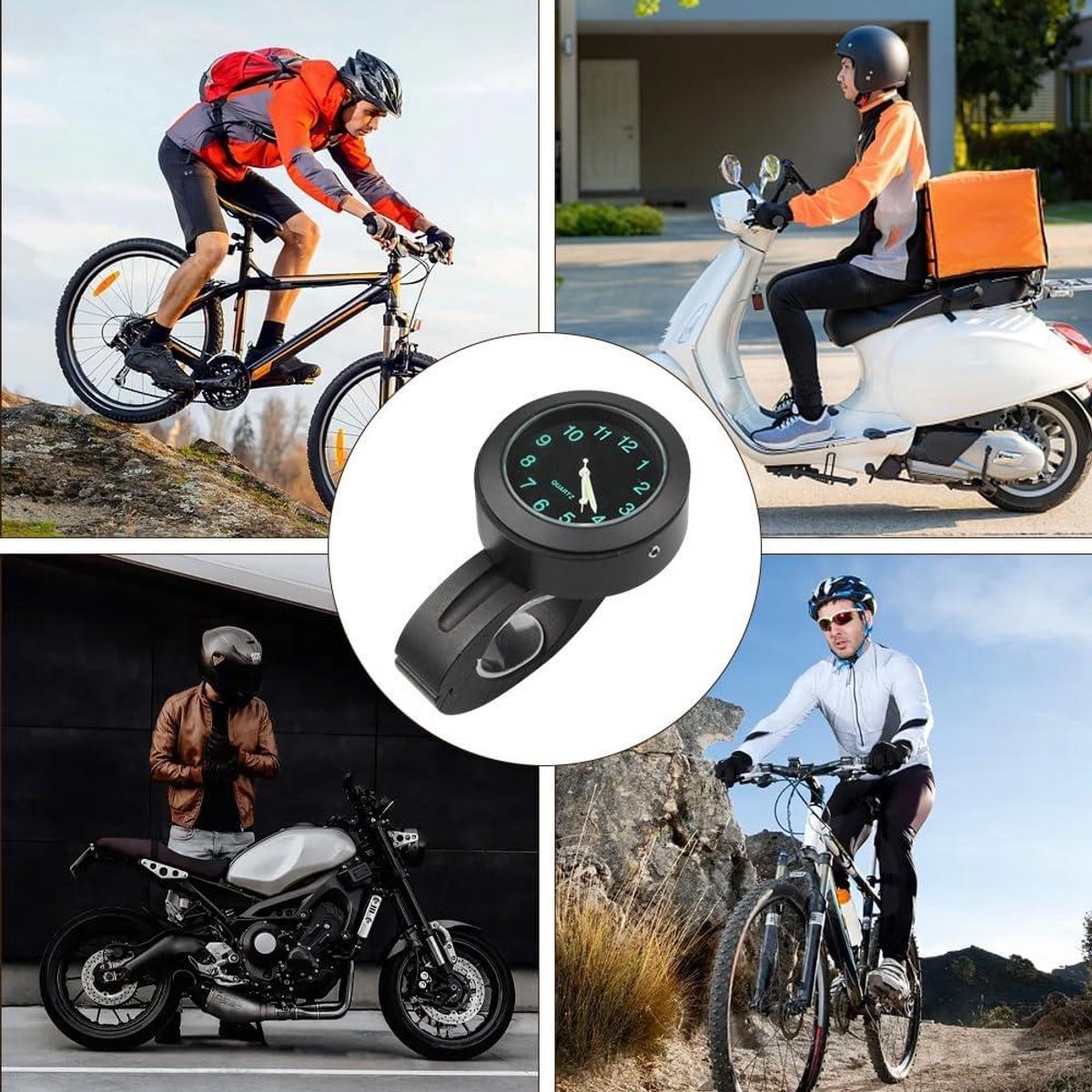 Motorhorloge waterdicht universeel stuurhouder fietshorloge klok met verlichting - ideaal voor motorfietsen, elektrische voertuigen en fietsen - zwart - Inclusief Allecto Plus